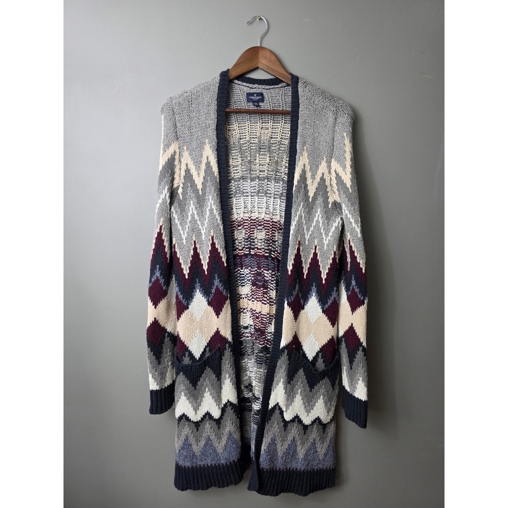 American Eagle Geometric Chevron Diamond Open Cardigan Grey Burgundy Medium